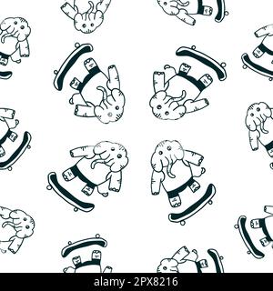 Elephant-skateboarder. Vector seamless pattern in outline doodle style isolated on white background. Stock Vector