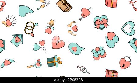Texture seamless pattern from a set of love items with hearts and gifts for the holiday of love Valentine's Day February 14 or March 8 on a white back Stock Vector