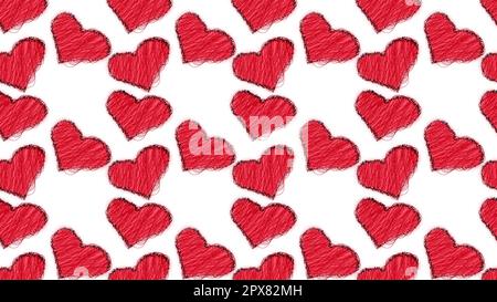 Pattern of cute, beautiful, loving, abstract, red, knitted threads of hearts painted with colorful scribbles with a red glow on a white background. Ve Stock Vector