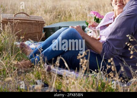 Celebrating their love. Cropped image of a loving mature couple enjoying a champagne picnic together. Stock Photo
