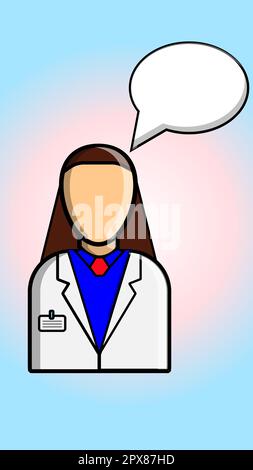 A female professional doctor in a white coat on a gradient pink-blue background and a word cloud speaks and makes a medical diagnosis. Vector illustra Stock Vector