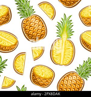 Vector Pineapple Seamless Pattern, repeating background with illustrations of ripe chopped pineapples with green leaves for wrapping paper, group of f Stock Vector
