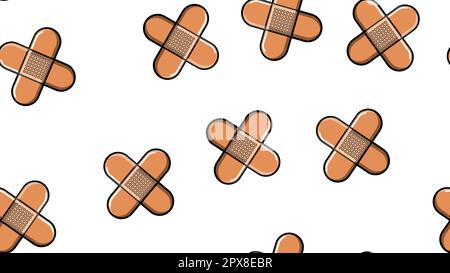 Seamless pattern texture of endless repetitive corporal medical pharmacological patches for sticking wounds and cuts against white yellow background. Stock Vector