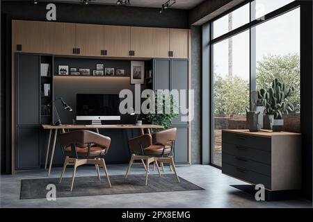 Corner of grey and brown office interior with desk, stylish niche, cabinets, panoramic view, three rolling chairs and concrete floor. Concept of moder Stock Photo