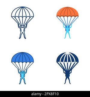 Paratrooper icon set in flat and line style. Parachute jumper symbol, skydiver. Vector illustration Stock Vector