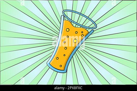 A tasty glass of alcoholic yellow foamy beer in a mug on a background of abstract blue rays. Vector illustration. Stock Vector