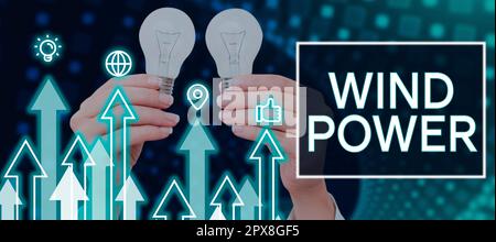 Hand writing sign Wind Power, Word for use of air flow to provide mechanical power to turn generators Stock Photo
