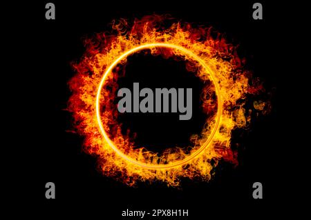 orange flame circle frame on black background Stock Photo
