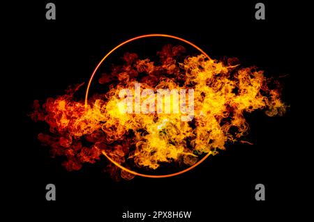 orange flame circle frame on black background Stock Photo