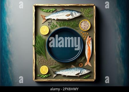 Empty board in frame of canned fish sea food set, on gray background with herbs and ingredients, with copyspace and space for text. Stock Photo