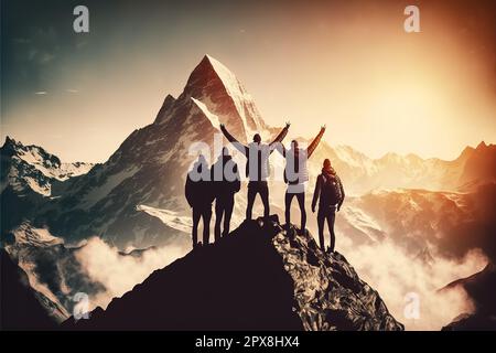 On the top of the world together stock photo Teamwork, Mountain, Sports Team, Mountain Peak, On Top. Stock Photo