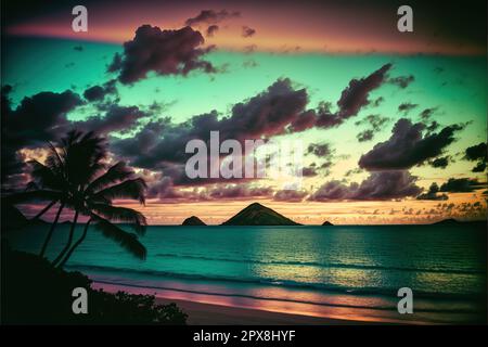 Pre-dawn view of the Moku islands at Lanikai Beach, Oahu, Hawaii stock photo Beach, Cloud - Sky, Coastline, Color Image, Dawn. Stock Photo