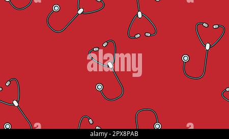 Seamless pattern texture of endless repetitive medical instruments with stethoscopes of phonendoscopes for listening to lungs and hearts on a red back Stock Vector