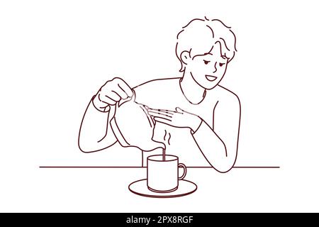 Young man sit at desk pouring tea in cup from kettle. Smiling guy enjoy warm coffee in mug at home. Vector illustration. Stock Photo