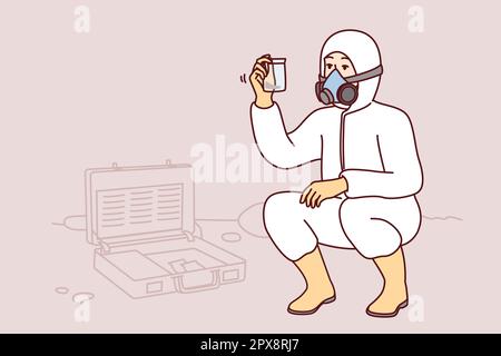 Specialist in chemical protection suit takes sample of earth for further study on analytical harmful substances. Man in respirator examines biohazard Stock Photo