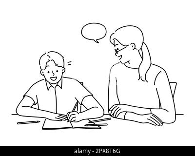 Smiling mother doing homework with happy child at desk at home. Babysitter or teacher study together with teen boy kid. Education and learning. Vector Stock Photo