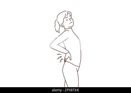 Young woman stretching suffer from backache. Unhealthy female exercise struggle with painful lower back spasm or strain. Healthcare. Vector illustrati Stock Photo