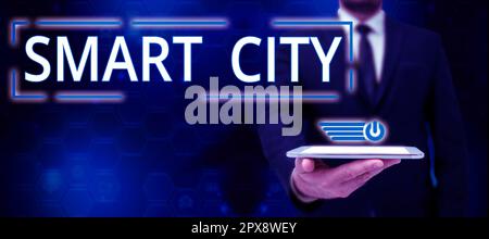 Conceptual caption Smart City, Business idea urban area that uses different electronic Internet of things Stock Photo