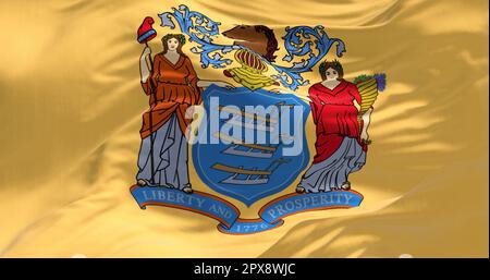 Close-up of the New Jersey state flag. Coat of arms on buff background. US state. Rippled fabric. Textured background. Realistic 3d illustration Stock Photo