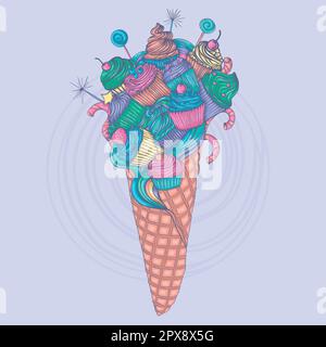 Cupcakes and lollipops with different flavors in waffles. Muffins set. Sweet mood. Stock Vector