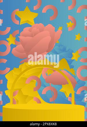 Abstract light red, blue and yellow product display with flower. Mockup stage showcase, cylinder pedestal podium for presentation. Stock Vector