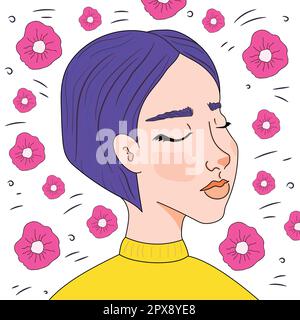 Hand drawn girl with purple hair and with closed eyes inhales the scent of flowers. Vector art Stock Vector