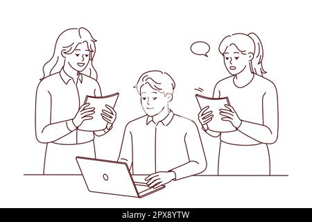 Female employee with paperwork stand near male boss or CEO in office. Businesspeople cooperate at table at workplace using computer. Teamwork. Vector Stock Photo