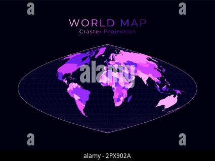 World Map. Craster parabolic projection. Digital world illustration. Bright pink neon colors on dark background. Trendy vector illustration. Stock Vector