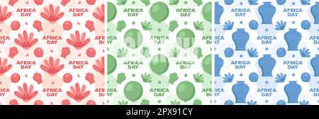 Set of Happy Africa Day Seamless Pattern Design with Culture African Tribal Figures Decoration in Template Hand Drawn Cartoon Flat Illustration Stock Vector