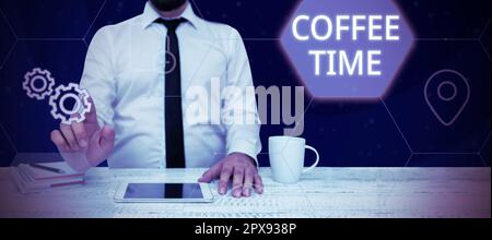 Conceptual caption Coffee Time, Word Written on a short period of time in which you stop working to rest Stock Photo