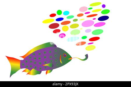 The rainbow fish in rasta style smokes a pipe and exhales smoke in the form of a heart from multi-colored balls. Vector illustration. Isolated on whit Stock Vector