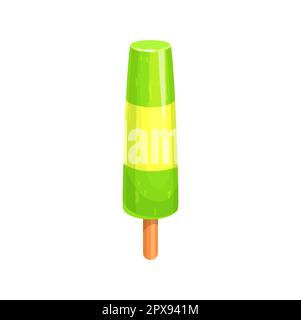 Cartoon popsicle ice cream on stick. Vector fruit ice pop or lolly, cold summer dessert food with kiwi and mango flavors. Green yellow frozen juice or Stock Vector