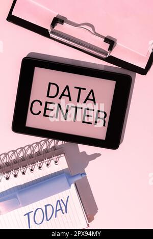 Conceptual display Data Center, Word for a repository that houses computing facilities like servers Stock Photo