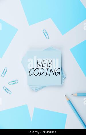 Text caption presenting Web Coding, Business showcase work involved in developing a web site for the Internet Stock Photo