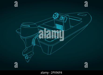 Stylized vector illustration of isometric blueprint of motorboat Stock Vector