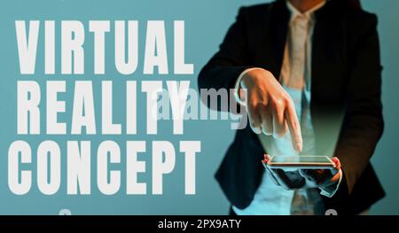 Handwriting text Virtual Reality Concept, Conceptual photo 3d futuristic artificial environment using a digital screen Stock Photo