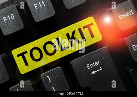 Text caption presenting Toolkit. Business showcase set of tools kept in ...