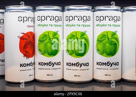 cooling drink spraga, kombucha with apple, pear, garnet on the counter in a store in Ukraine on April 30 Stock Photo