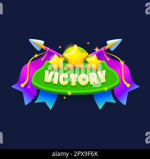 Game victory sign, banner or popup window. Cartoon vector achievement menu screen with golden stars, arrows and ribbons. User interface success achiev Stock Vector