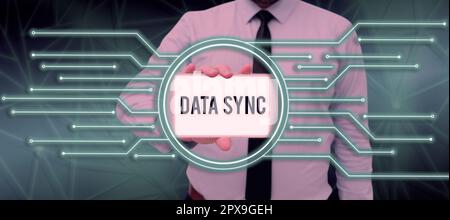 Conceptual display Data Sync, Conceptual photo data that is continuously generated by different sources Stock Photo