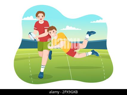 Rugby Player Running Illustration with a Ball in Championship Sport for Web Banner or Landing Page in Flat Cartoon Hand Drawn Templates Stock Photo