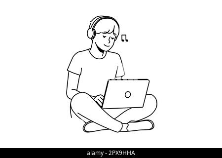 Guy sitting on grass outdoors working on laptop wearing earphones. Happy man relax outside with computer listen to music in headphones. Vector illustr Stock Photo