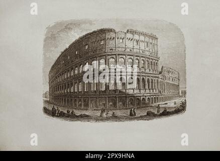 Vintage illustration of Colosseum. The Colosseum is an elliptical amphitheatre in the centre of the city of Rome, Italy, just east of the Roman Forum. It is the largest ancient amphitheatre ever built, and is still the largest standing amphitheatre in the world, despite its age. Construction began under the emperor Vespasian (r. 69–79 AD) in 72 and was completed in 80 AD under his successor and heir, Titus (r. 79–81). Further modifications were made during the reign of Domitian (r. 81–96). The three emperors who were patrons of the work are known as the Flavian dynasty, and the amphitheatre wa Stock Photo