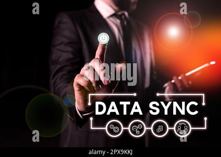 Conceptual caption Data Sync, Business concept data that is continuously generated by different sources Stock Photo