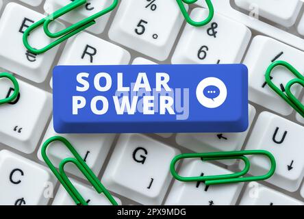 Text caption presenting Solar Power, Business idea the electricity produced by using the energy from the sun Stock Photo