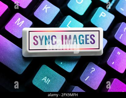 Handwriting text Sync Images, Word Written on Making photos identical in all devices Accessible anywhere Stock Photo