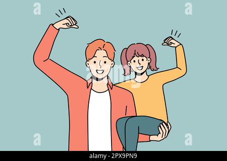 Smiling strong man hold in arms excited little daughter. Happy father show power and strength with small girl child. Vector illustration. Stock Photo