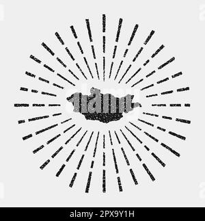Vintage map of Mongolia. Grunge sunburst around the country. Black Mongolia shape with sun rays on white background. Vector illustration. Stock Vector