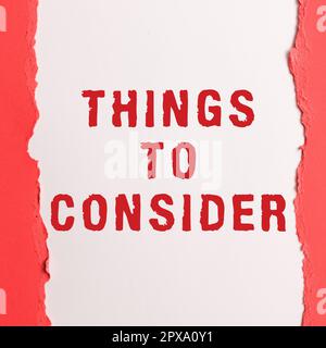 Text sign showing Things To Consider, Word for list to check or do it Shopping Schedule Time table Stock Photo