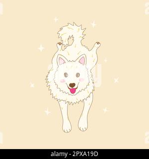 Happy playful white dog lies and looking cute with his tongue out. Laika dog, friend animal, guide dog, companion pet. National Puppy Day. Stars aroun Stock Vector